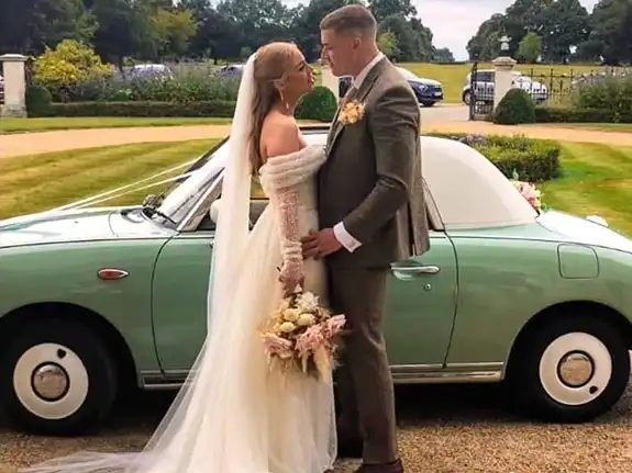 Nissan Figaro wedding car hire Suffolk — bride and groom